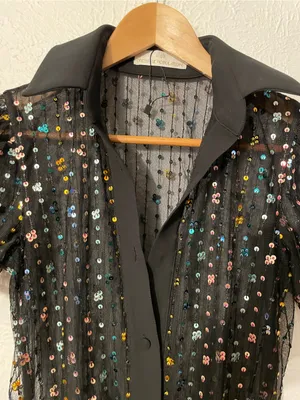 Dress the Population Black Sequin Collared Midi Dress Multicolor Button Down XS thumbnail 3