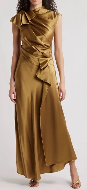 NEW ACLER Ramshaw Metallic Pleated Satin Gown golden moss Sz 4 thumbnail 1