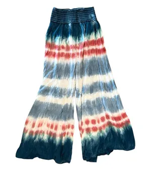 Womens S Red White Blue Tie Dye Smocked Waist Flare Leg Boho Flowy Beach Pants thumbnail 1
