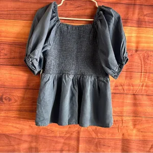 Old Navy Womens Blue Tencel Lyocell Puff Sleeve Smocked Peplum Top Medium NEW thumbnail 4