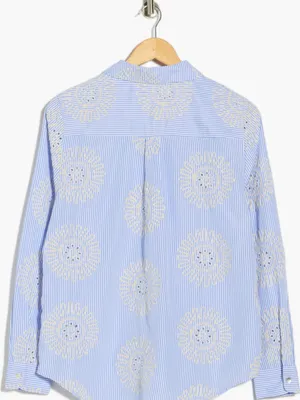 Nanette Lepore Blue and White Striped Embroidered Button-Up Shirt Floral thumbnail 3