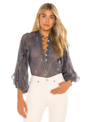 Jen's Pirate Booty blue striped button down shimmer Troubadour Top XS thumbnail 1