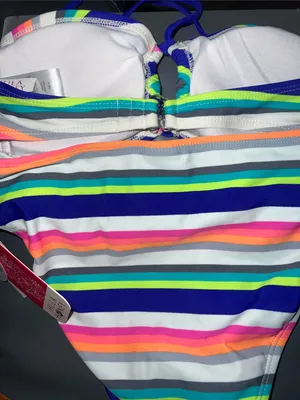 Hula Honey Women’s ' Stripe Bikini Set - Teal, Blue, Pink, Orange Small bandeau thumbnail 6