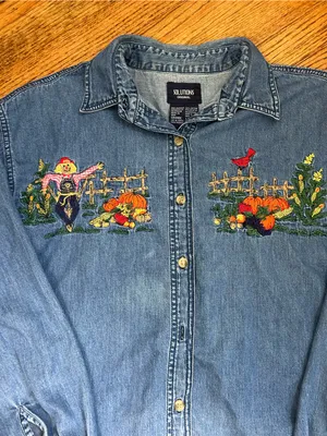 VTG 90’s Solution Originals Embroidered Fall Scene Denim Button Up Shirt Size L thumbnail 6