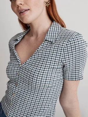 Madewell Mineral Blue Gingham Cropped Button Front Top Medium Stretch Plaid Y2K thumbnail 8