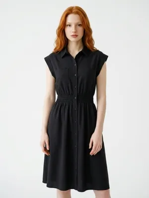 Black Button-Front Shirtdress with Smocked Waist‎ thumbnail 15