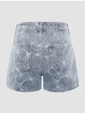 Cider Happy Hour Lotus Print Denim Mini Shorts High Rise Raw Hem Blue Size XL thumbnail 3