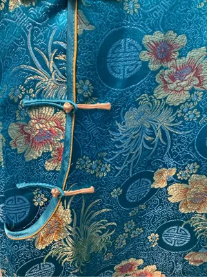 Yuexuan Qipao Dress Shanghai Style Blue Gold Floral Satin Mandarin Collar Y2K thumbnail 14