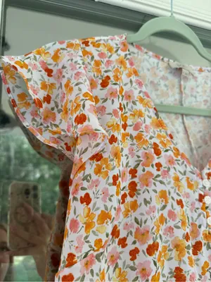 LOFT Short-Sleeve Floral V-Neck Top in Orange and Pink thumbnail 5