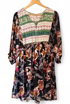 Jardin by Macris Boho Mixed Floral Print Babydoll Mini Dress - Large thumbnail 1