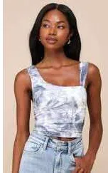 Lulu's NWOT Women's Beautiful Vision Blue White Abstract Mesh Asymmetrical Top M thumbnail 1