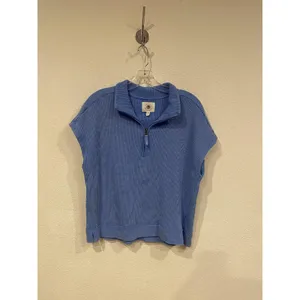 Sunnyside By Sundry Shirt Womens Medium Blue Waffle Knit Half Zip Cap Sleeve Top thumbnail 2