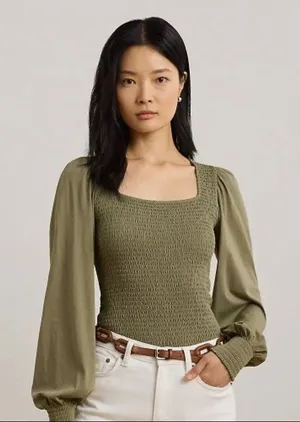 M Olive M Top Green Ralph Lauren Black Label Smocked Jersey Blouson Blouse thumbnail 1
