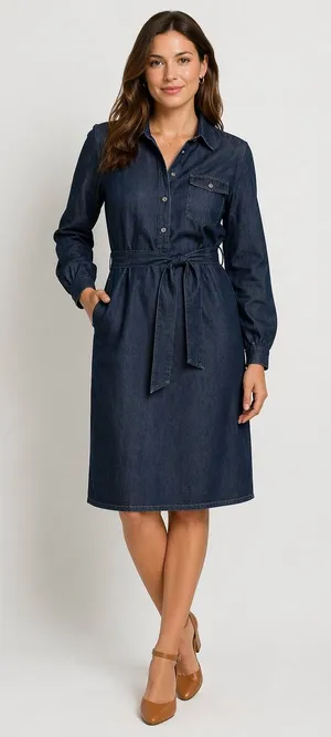 Ann Taylor LOFT Women's ‎ Small Dark Blue Denim Long Roll Tab Sleeve Dress Tunic thumbnail 1