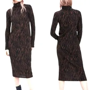 Zara Black Midi Dress Brown Black zebra tiger animal Print turtleneck longsleeve thumbnail 2