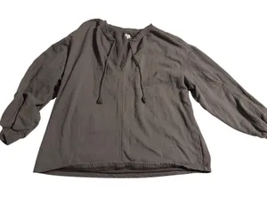 Aerie Gauze Fleece Pullover Boho Gray V-Neck Tassel Tie‎ Large thumbnail 1