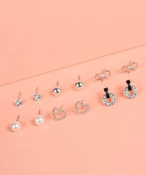 NEW - 6 pairs of stud earrings, bow jewelry, heart earrings, pearl earrings, minimalist jewelry silver - stocking stuffer thumbnail 1