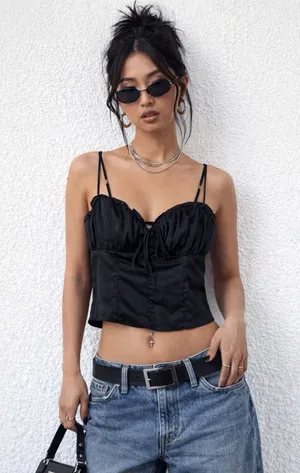 Y2K Gothic S Small Bustier Corset Top Black‎ Satin Lush Festival Punk Whimsigoth thumbnail 1