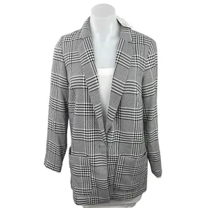 NEW H&M Womens Gray Plaid Checkered Single Breasted Blazer Over Coat Jacket Sz S thumbnail 2