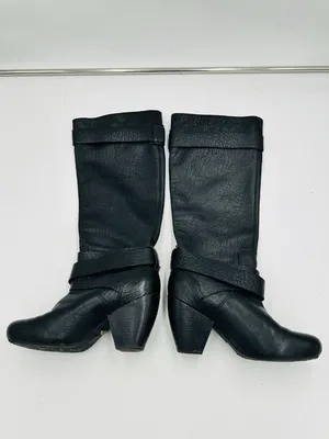 Lucky Brand Black Leather Candie Knee High Boots 6.5M Block Heel Double Buckle thumbnail 6