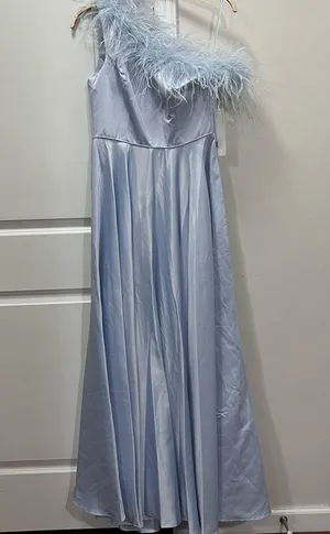 FLAWED NWT Mac Duggal Powder Blue One Shoulder A-Line Feather Gown Size 8 $598 thumbnail 2