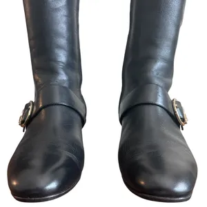 Tory Burch Moto Wrap Wedge Riding Boots Black Leather Gold Logo Size 8 thumbnail 3