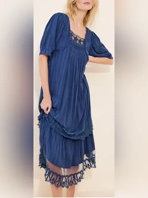 NEW Free People Calder Smocked Midi Blue Dress Sz S thumbnail 3