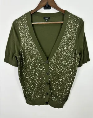 Talbots Short Sleeve Green Sequin‎ Cardigan Lightweight Sweater Womens Large thumbnail 1