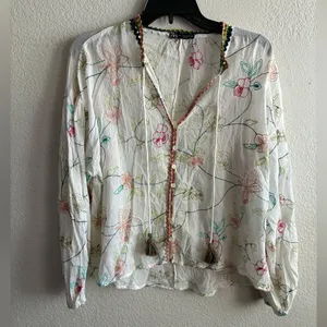 Zara Embroidered Tassel Tie Ivory Peasant Blouse L thumbnail 6