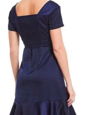 Skies are Blue Navy Satin Flutter Sleeve Midi Dress Sz Med Autumn Wedding Guest thumbnail 9