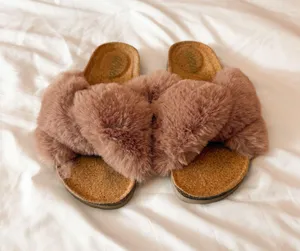 Aerie Pink Fur Cork Slides Size 6 thumbnail 1