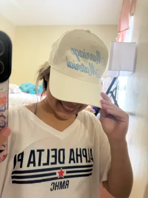White Baseball Cap with Light Blue Script thumbnail 1