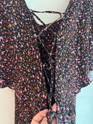 Free People Florence Black Pink FloralPrint Short Sleeve Mini Dress thumbnail 8