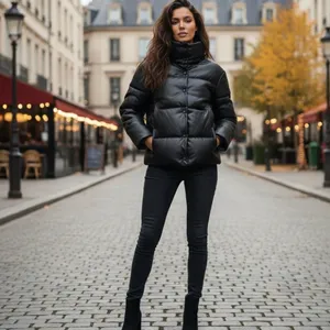 Bagatelle Faux Leather Black Puffer Jacket for Women – Warm, Size XS thumbnail 10