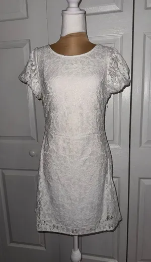 New Free People Hailee Lace Mini Tie Back Puffed Sleeves Dress White Sz M‎ thumbnail 1