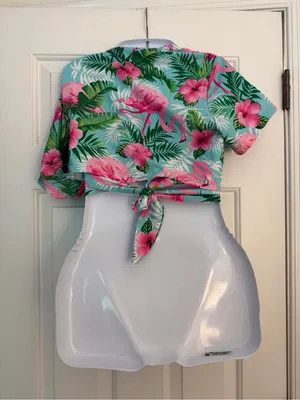 Tropical Flamingo Floral Wrap Top Adjustable Tie Front Size S thumbnail 2