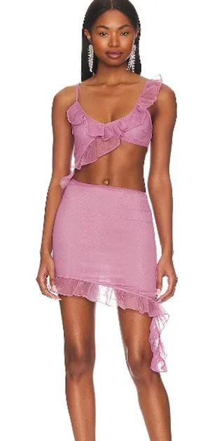 NEW Revolve x More to Come Pink Mesh Ruffle Cutout Payton Mini Dress Size S thumbnail 1
