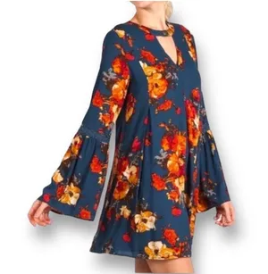 Women's Blu Pepper Floral Long Flutter Sleeve Dress Size M Blue Orange thumbnail 1