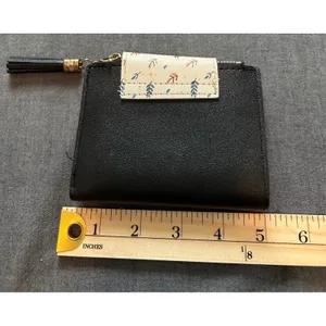 Womens Black Faux Leather Bifold Wallet Floral Snap Tassel Zipper Gold Leaf thumbnail 5