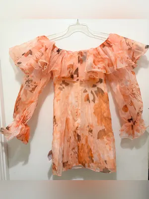 ASOS LUXE Organza Ruffle Floral Mini Dress Orange Off-Shoulder Sz. 4 NWOT thumbnail 3