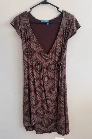 Fresh Produce Dress Small Brown Floral Faux Wrap Side Tie Made in USA thumbnail 1