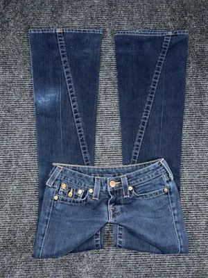 RARE Vintage True Religion Low Rise Twisted Flare Jeans Sz 26 x 33 Dark Wash Y2K thumbnail 1