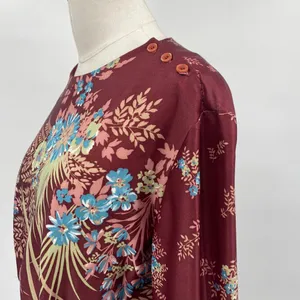 Vintage 70s Floral Print Matching Skirt Set Button Neck Tunic Midi Maroon Small thumbnail 6