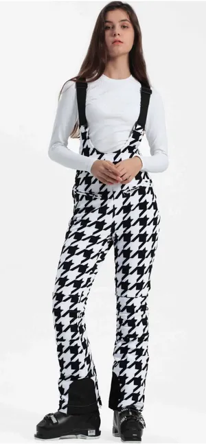 NEW GSOU Snow Women's Houndstooth Slim-Fit Stretch Fleece-Lined Ski Bibs Small thumbnail 1