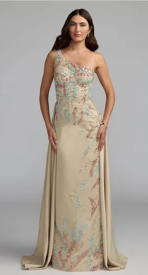 Mac Duggal 37012 Beige One Shoulder Embellished Gown With Train Sz 4 thumbnail 1