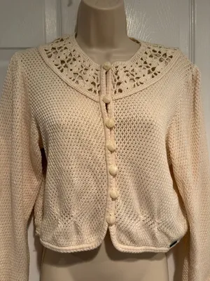 Geiger Austria Ivory Cotton Crochet Collar Cardigan‎ Sweater Cottagecore Sz 38 thumbnail 1
