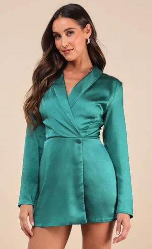 Lulus Elevated Persona Emerald Green Satin Collared Skort Romper Size Medium thumbnail 1