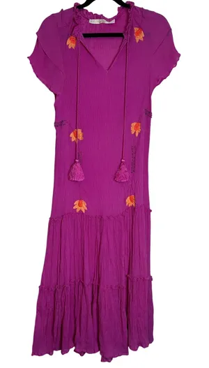 Marie Oliver Silk Magenta Embroidered Tassel Maxi Dress‎ Boho thumbnail 1