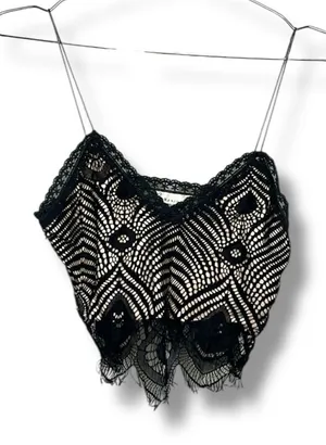 Lovers + Friends Black Lace Cami Crop Top Scalloped Eyelash Trim thumbnail 1