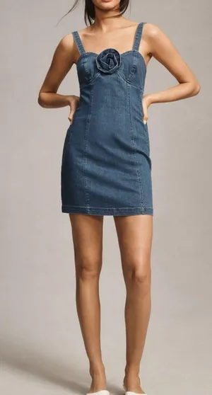 Anthropologie Porridge Rosette Denim Slim Mini Dress, Size XL thumbnail 1